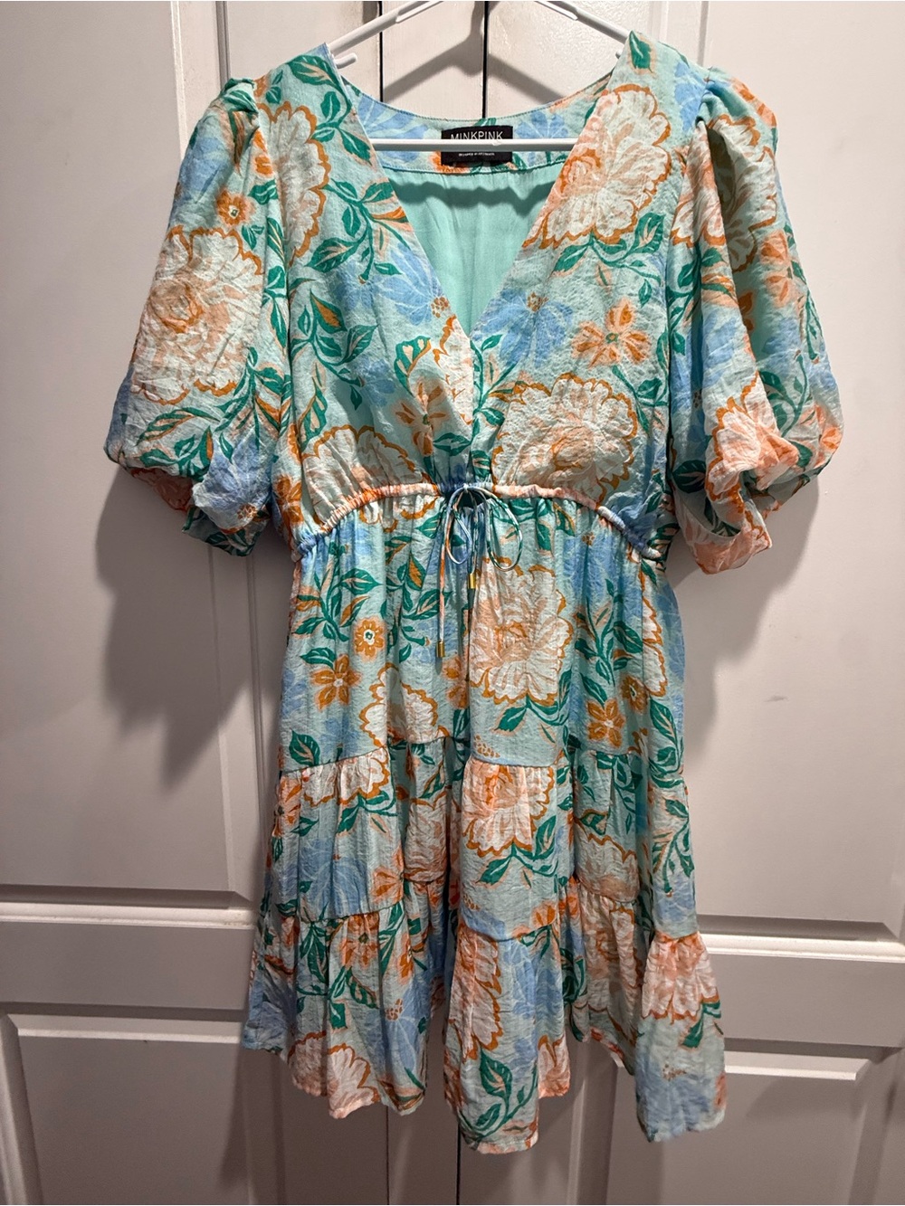 MINKPINK Aqua Floral Puff-Sleeve Mini Dress with Peach Accents